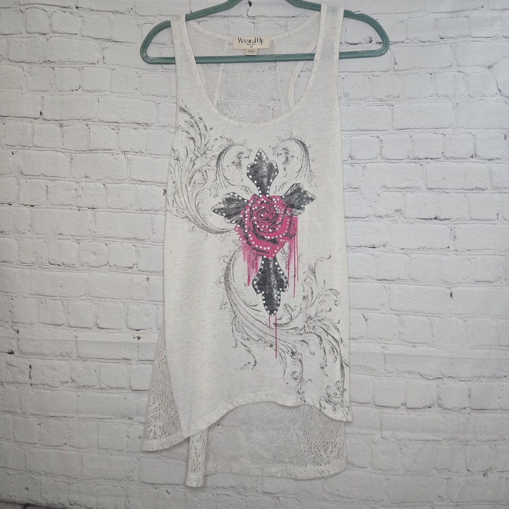 Y2k Wound Up Soft Grunge Indie Mall Goth Cross Rose Sheer Lace Back Tank Sz Lg